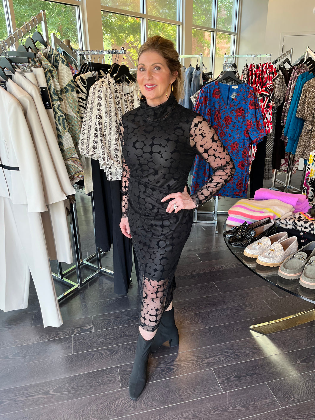 Flocked Swiss Dot Dress - Black