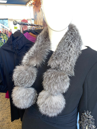 Fox Fur Collar W/ Poms- Silver Indigo