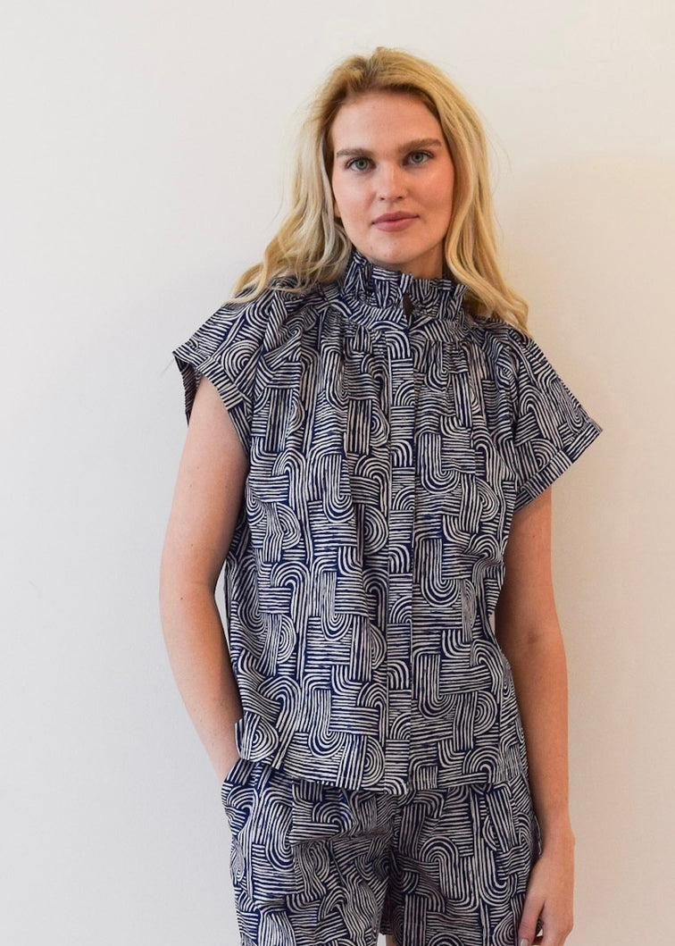 Vicki Button Down Top - Navy Swirl
