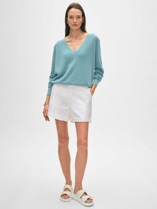 Cotton Linen Tipped V Neck - Soft Aqua/white