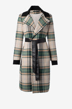 Long Plaid Coat w/ Rib Collar & Belt - Green Plaid
