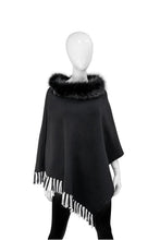 Reversible Striped Poncho Fox Trim Collar- Black/White
