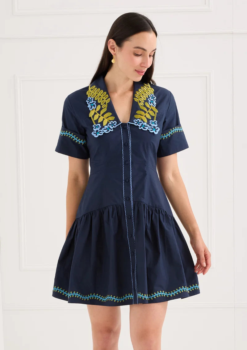 Alivia The Julia Navy Floral Embroidery Dress, front view on-model, full-length showing fitted bodice and gathered skirt