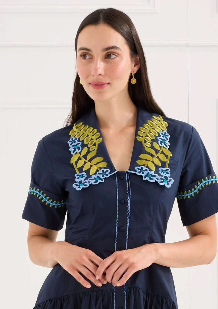 Alivia The Julia Navy Floral Embroidery Dress, cropped front view showing collar and neckline detail