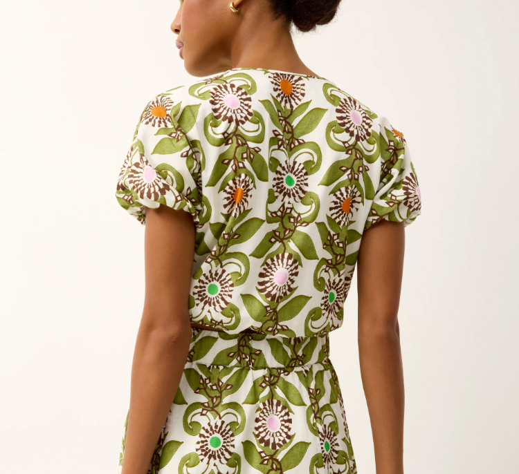 Woman wearing a floral patterned dress on a white background
