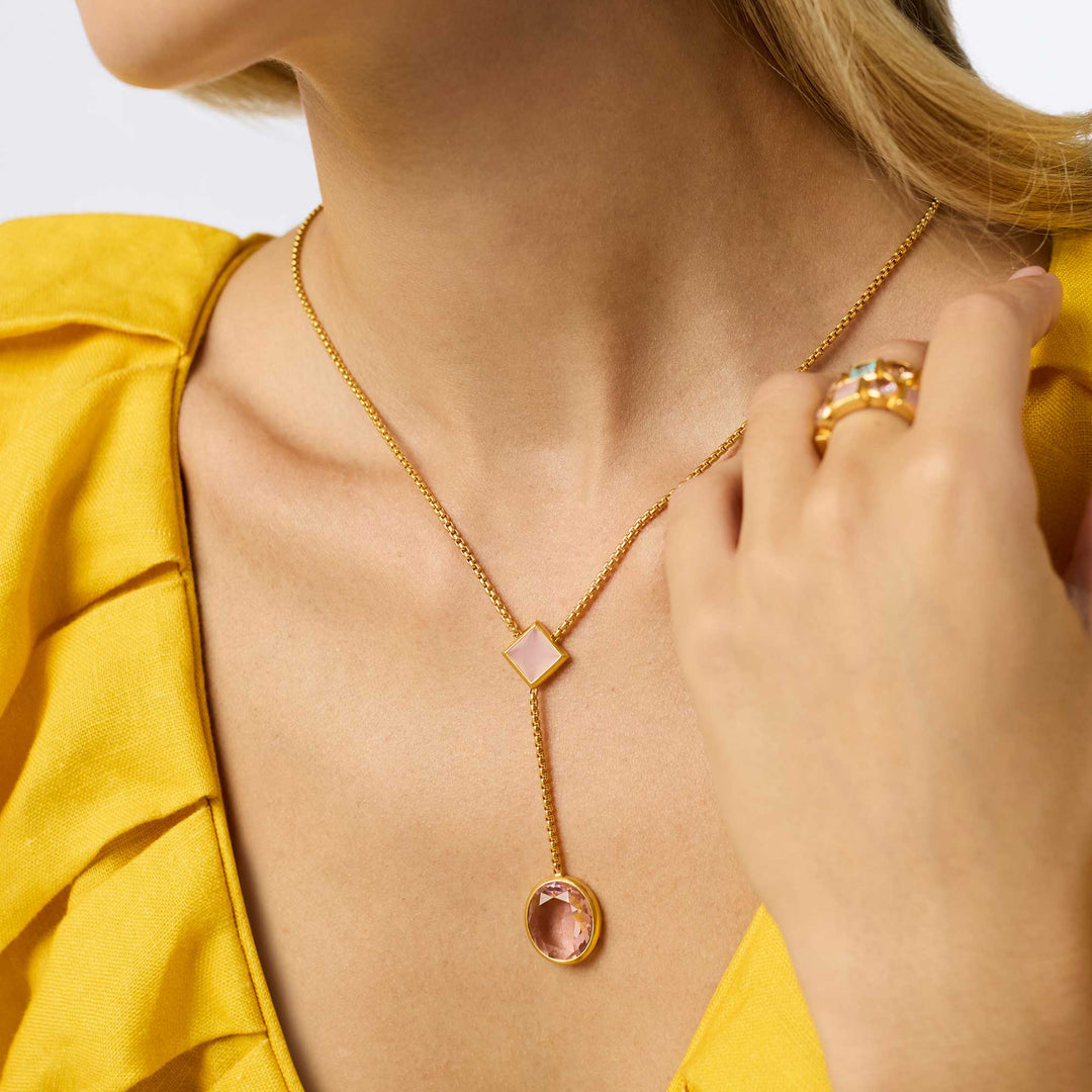 Julie Vos Jolie Lariat Necklace worn at collarbone, lariat drop silhouette with imported glass pendant in 24K gold plate