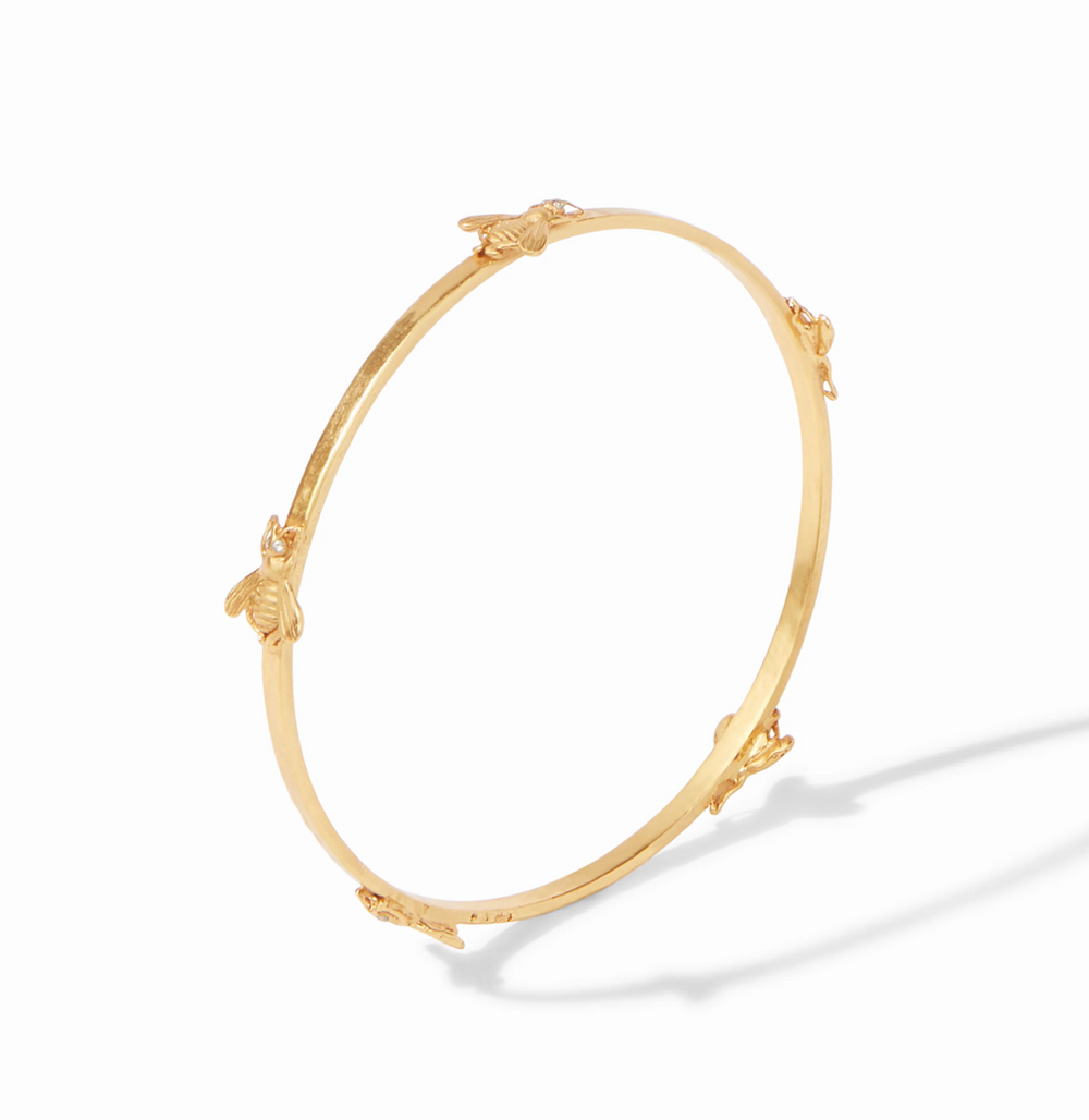 Julie Vos Bee Bangle, three-quarter product view showing bee stations and hammered band