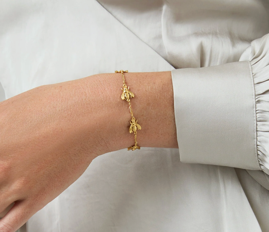 Julie Vos Bee Delicate Bracelet, on-model wrist detail showing bee stations