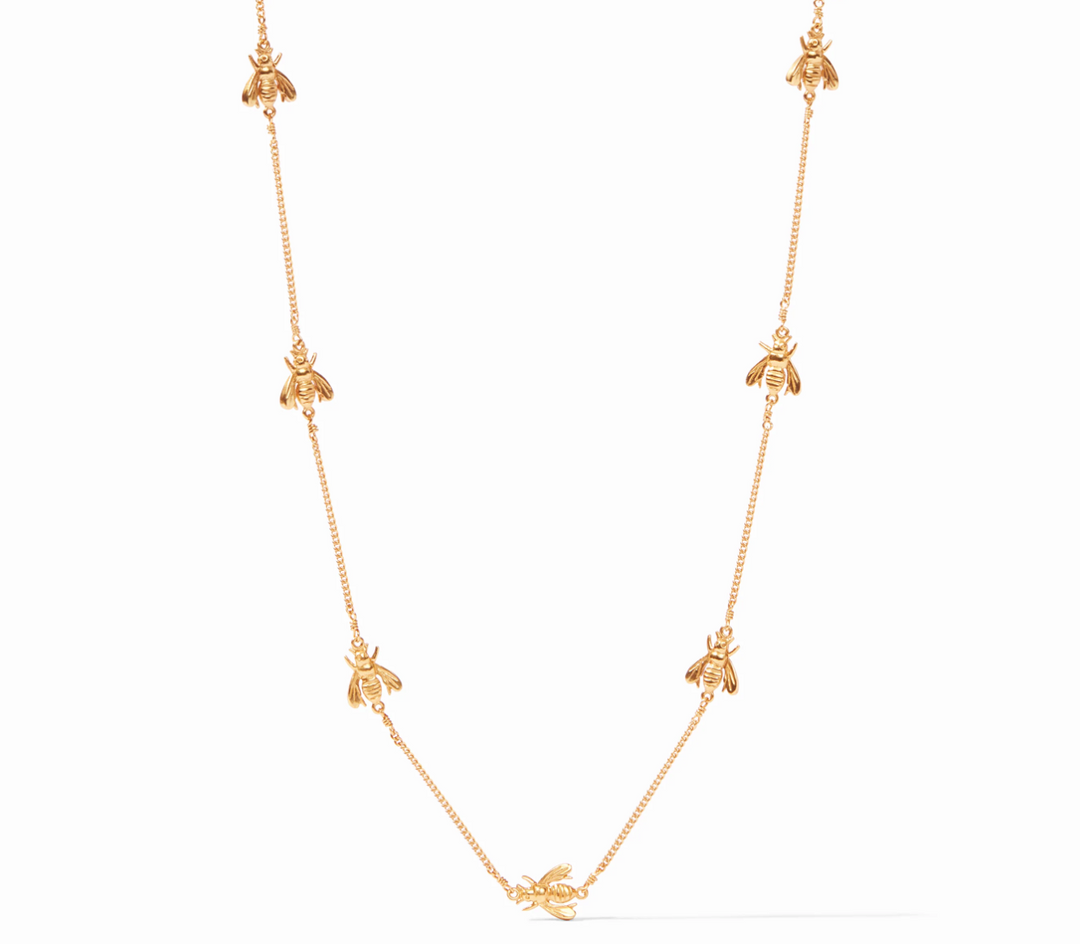 Julie Vos Bee Delicate Station Necklace, product shot on white background, full length showing bee stations and adjustable chain.