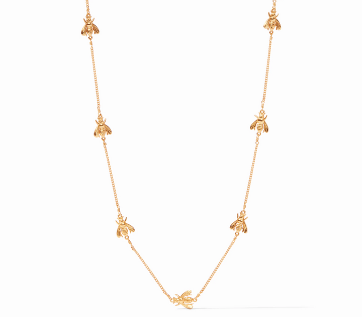 Julie Vos Bee Delicate Station Necklace, product shot on white background, full length showing bee stations and adjustable chain.