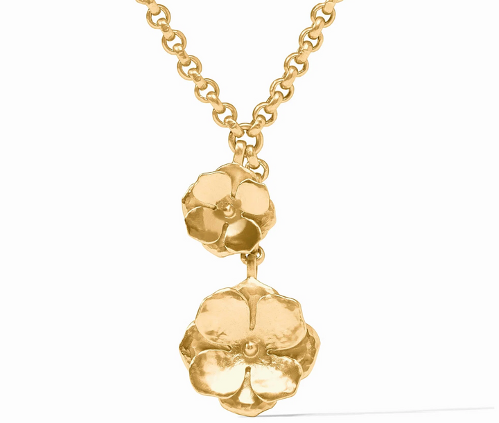 Julie Vos Bloom Lariat Necklace, product shot close-up of rolo chain and two-flower lariat drop against white background.