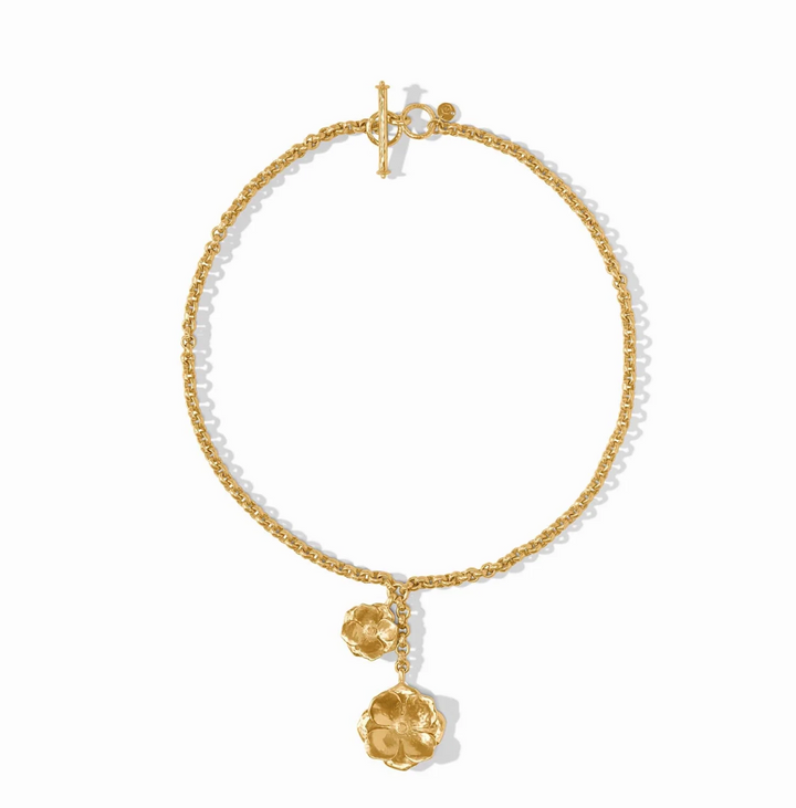 Julie Vos Bloom Lariat Necklace, product shot laid flat in circular formation showing toggle closure, hallmark tag, and full flower drop.