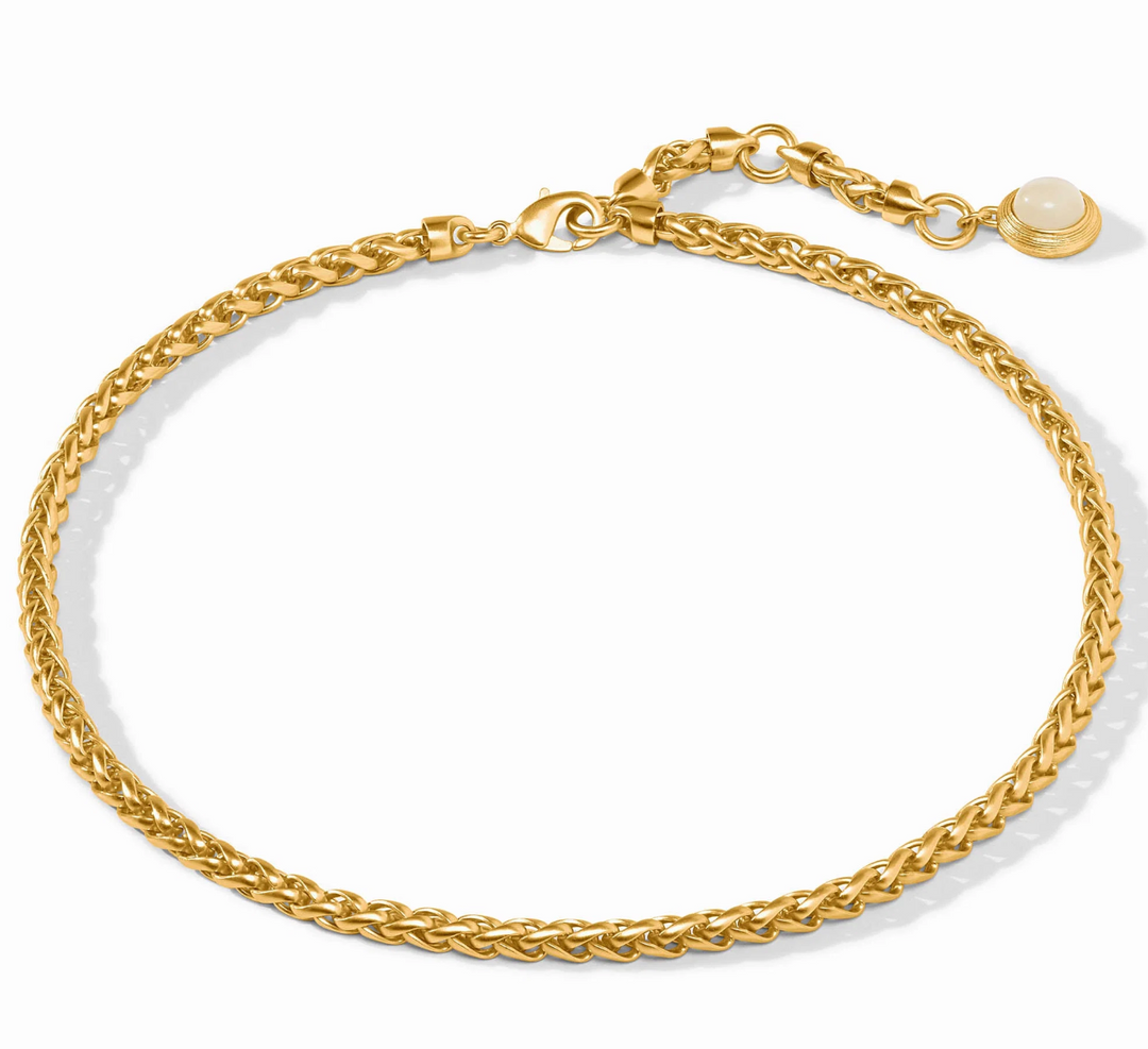Julie Vos Cobblestone Link Necklace, product shot laid flat showing clasp, extender chain, and round glass charm detail.