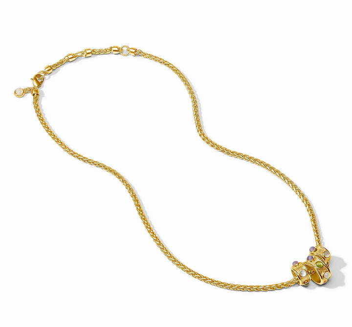 Julie Vos Cobblestone Loop Necklace, product shot laid flat in loose circular formation showing clasp, hallmark tag, and full chain length.
