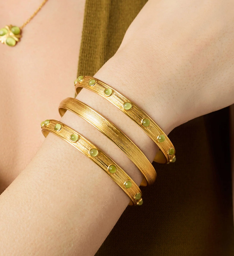 Julie Vos Cobblestone Stacking Bangle Bracelet, on-model detail stacked between two stone-set bangles