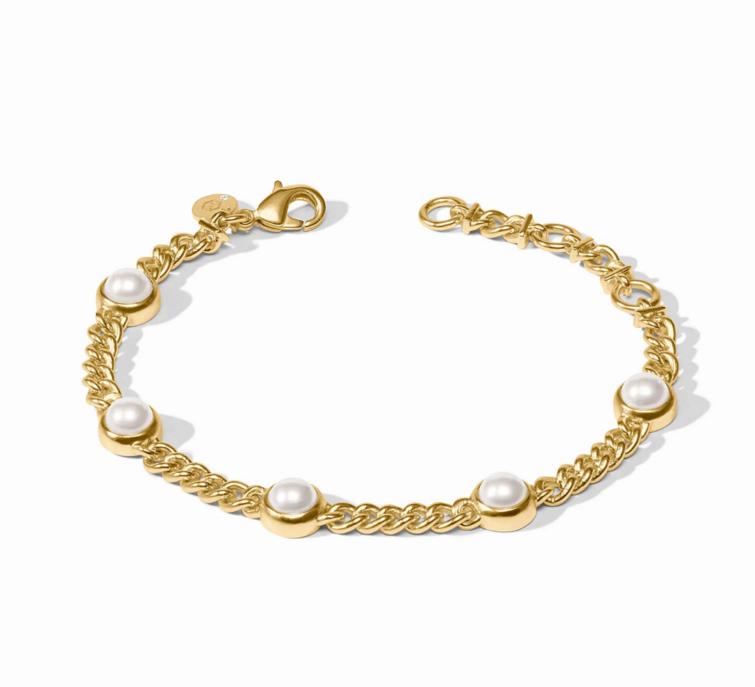 Julie Vos Dolce Delicate Bracelet in Pearl, flat lay product view showing full pearl station layout