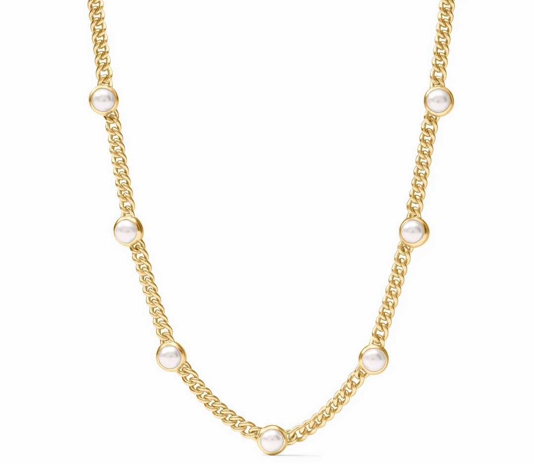 Julie Vos Dolce Delicate Station Pearl Necklace, product shot on white background, full length showing bezel-set pearl stations along curb chain.