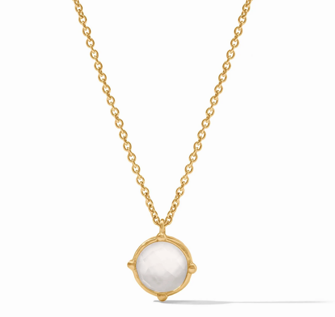 Julie Vos Honeybee Solitaire Necklace in 24K gold plate — delicate cable chain with round faceted clear crystal glass pendant in four-bead setting, on white background.