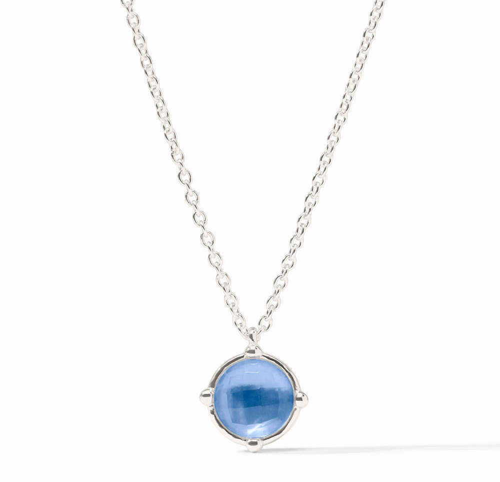 Julie Vos Honeybee Solitaire Necklace in silver plate — delicate cable chain with round chalcedony blue glass pendant in four-bead setting, on white background.