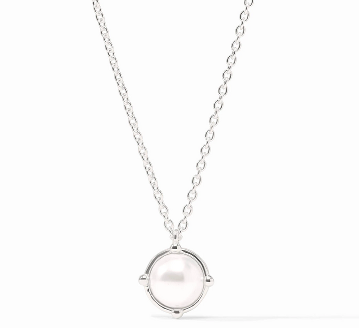 Julie Vos Honeybee Solitaire Necklace in silver plate — delicate cable chain with round pendant in four-bead setting, on white background.