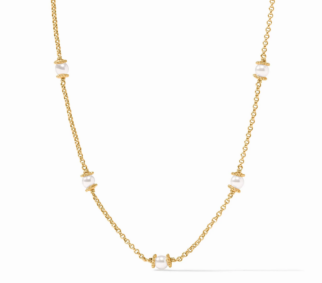 Julie Vos Hydra Delicate Station Pearl Necklace, product shot on white background, full length showing pearl stations along Venetian box chain.