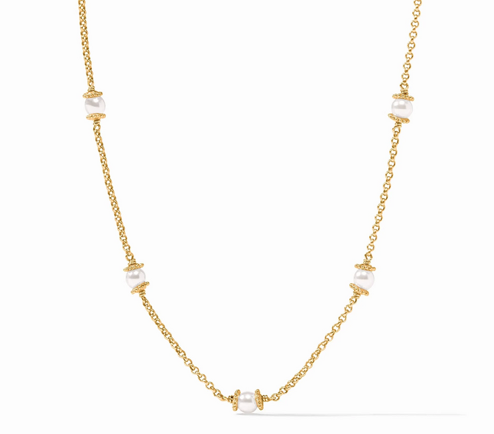 Julie Vos Hydra Delicate Station Pearl Necklace, product shot on white background, full length showing pearl stations along Venetian box chain.