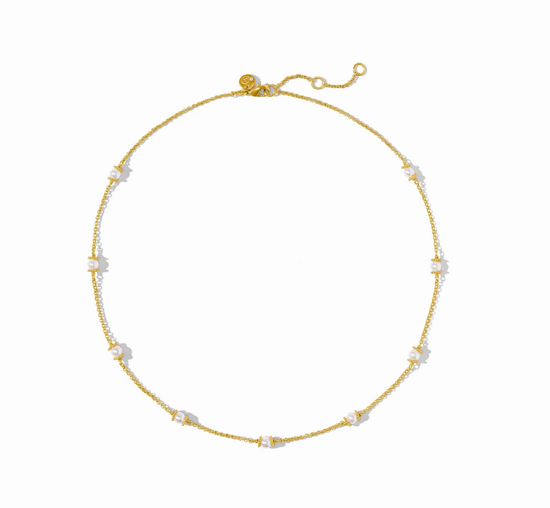 Julie Vos Hydra Delicate Station Pearl Necklace, product shot on white background, laid flat in circular formation showing clasp, extender chain, and hallmark tag.