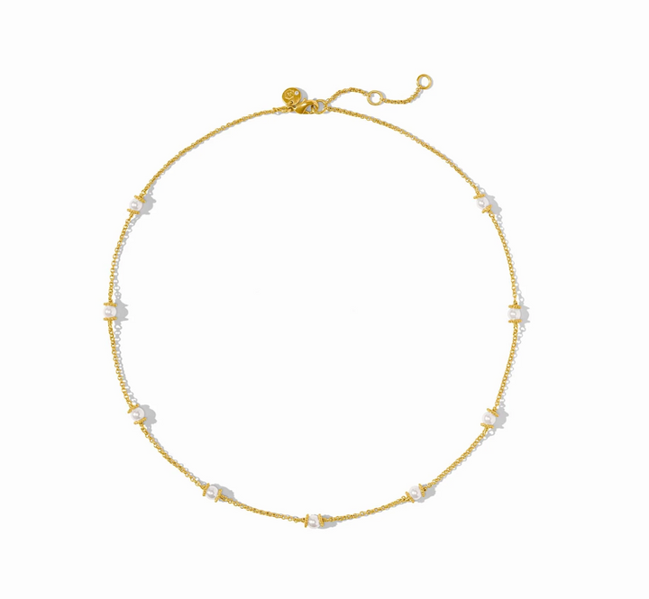 Julie Vos Hydra Delicate Station Pearl Necklace, product shot on white background, laid flat in circular formation showing clasp, extender chain, and hallmark tag.