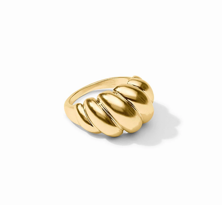 Angled product shot of the Ravello Ring in 24K gold plate, showing its graduated ribbed, dome-shaped design on a white background.