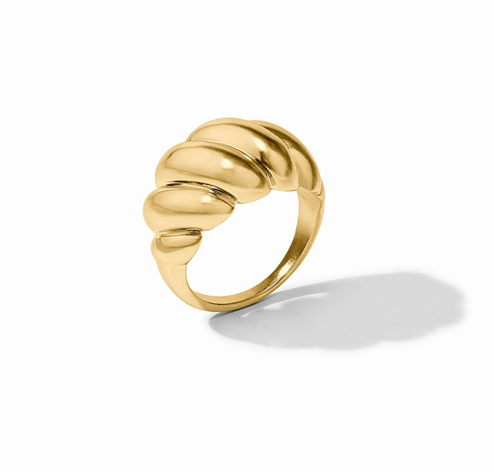 Alternate angled product shot of the Ravello Ring in 24K gold plate on a white background, highlighting the swirled crown and slim shank.