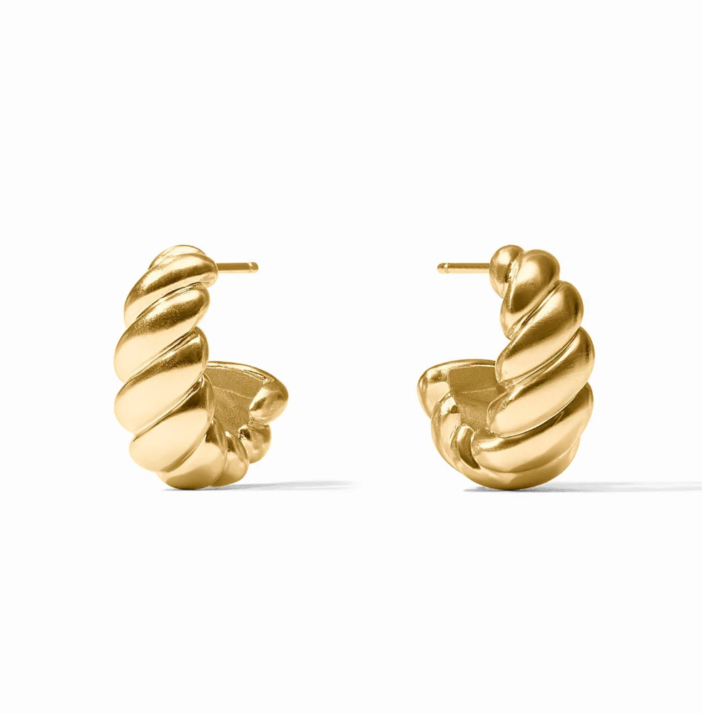 Front view of a pair of Ravello Statement Hoop earrings in 24K gold plate, showing the graduated ribbed swirl design on a white background.