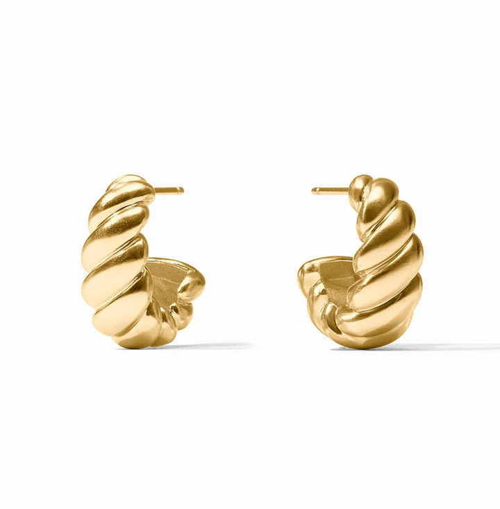 Front view of a pair of Ravello Statement Hoop earrings in 24K gold plate, showing the graduated ribbed swirl design on a white background.