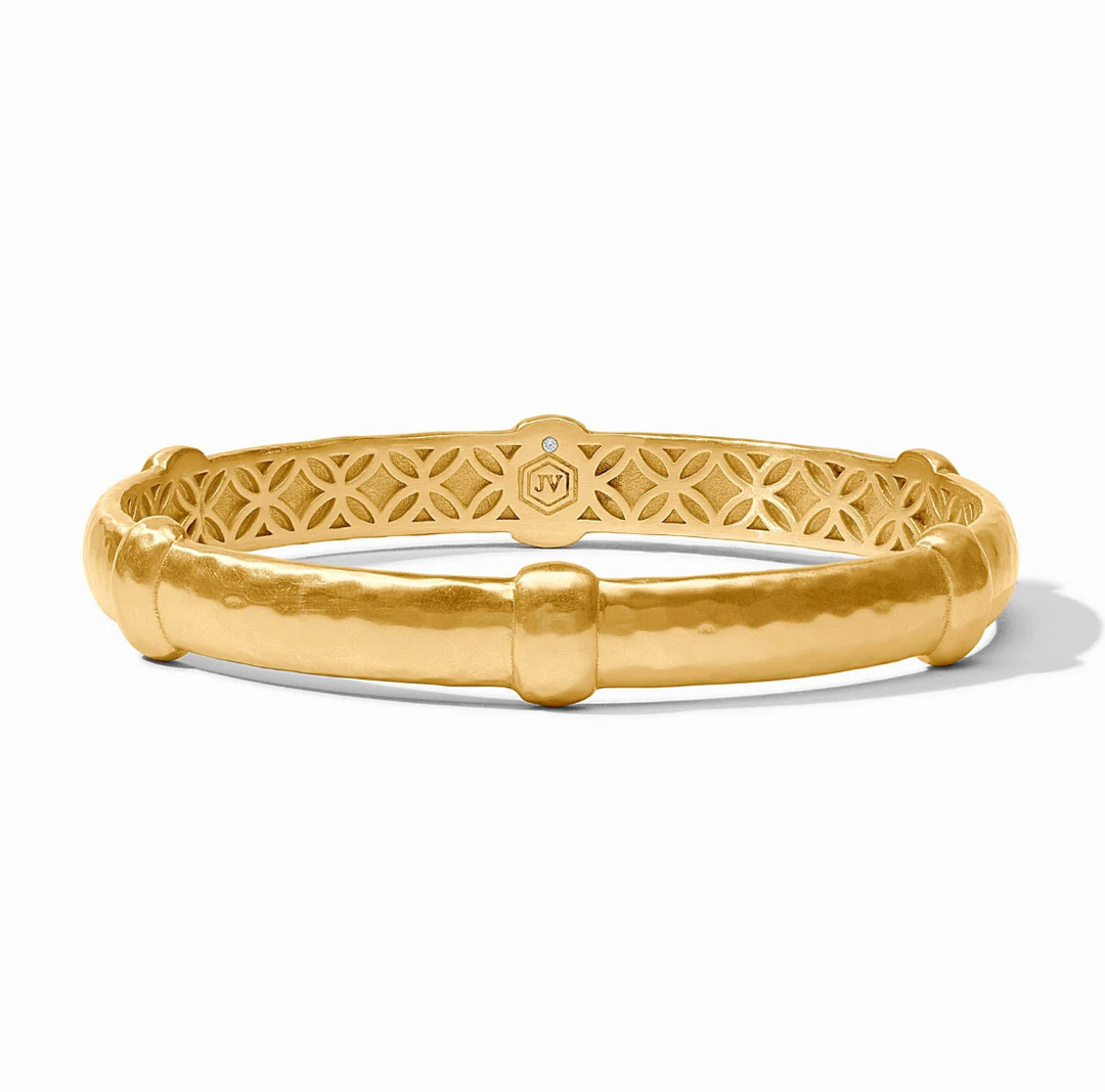 Julie Vos Sahara Bangle Bracelet, straight-on product view showing interior filigree pattern and hallmark