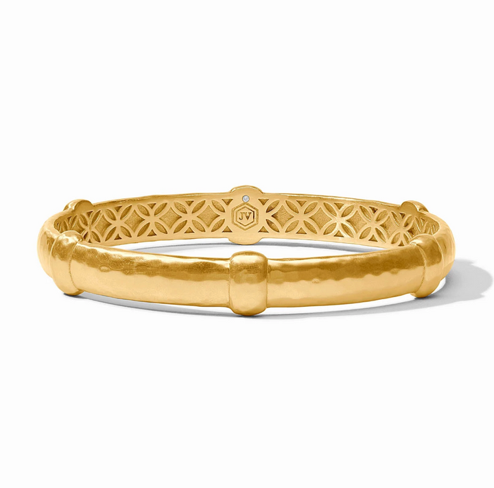 Julie Vos Sahara Bangle Bracelet, straight-on product view showing interior filigree pattern and hallmark