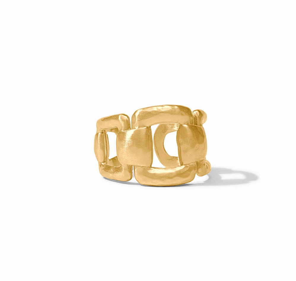Julie Vos Sahara Ring, product shot on white background, side view showing interlocking square link design and hammered texture.