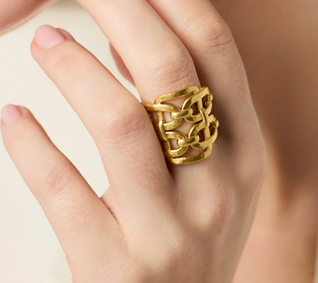 Julie Vos Sahara Statement Ring, on-model close-up worn on finger, showing scale and open woven construction.