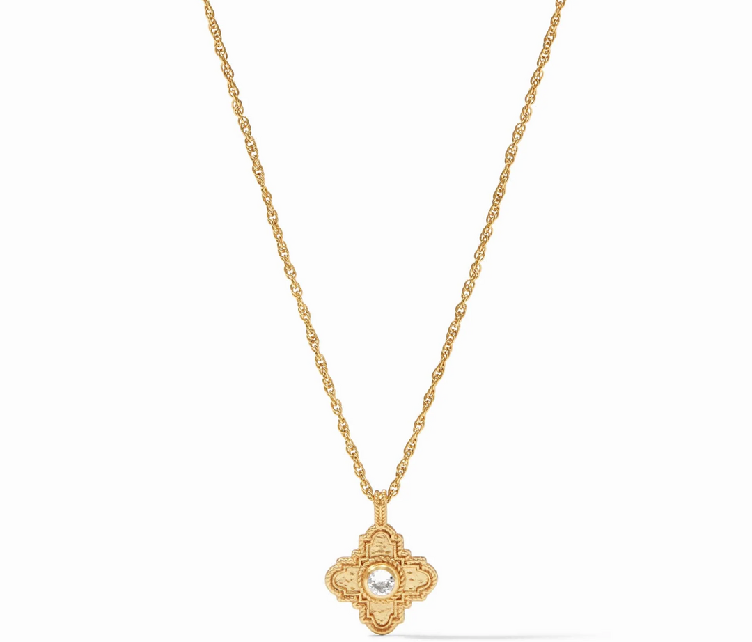 Julie Vos Theodora Delicate Necklace, product shot on white background, full length showing rope chain, lobster clasp, and quadrate cross pendant with center stone.