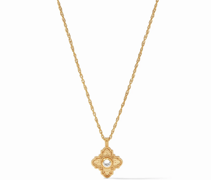 Julie Vos Theodora Delicate Necklace, product shot on white background, full length showing rope chain, lobster clasp, and quadrate cross pendant with center stone.