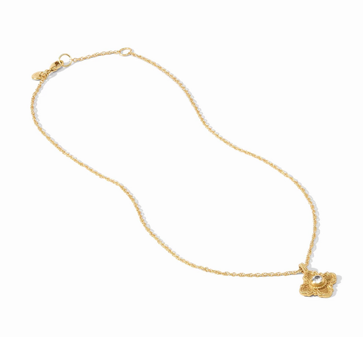 Julie Vos Theodora Delicate Necklace, product shot on white background, full length showing rope chain, lobster clasp, and quadrate cross pendant with center stone.