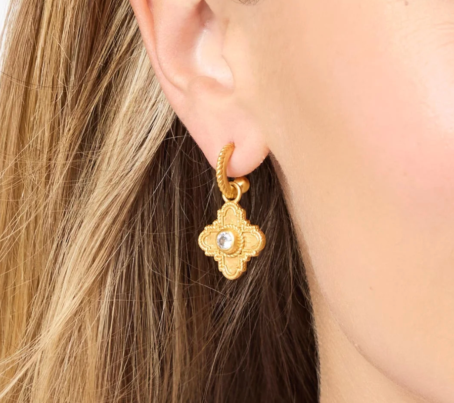 Julie Vos Theodora Hoop & Charm Earring, on-model detail worn in the ear, close-up