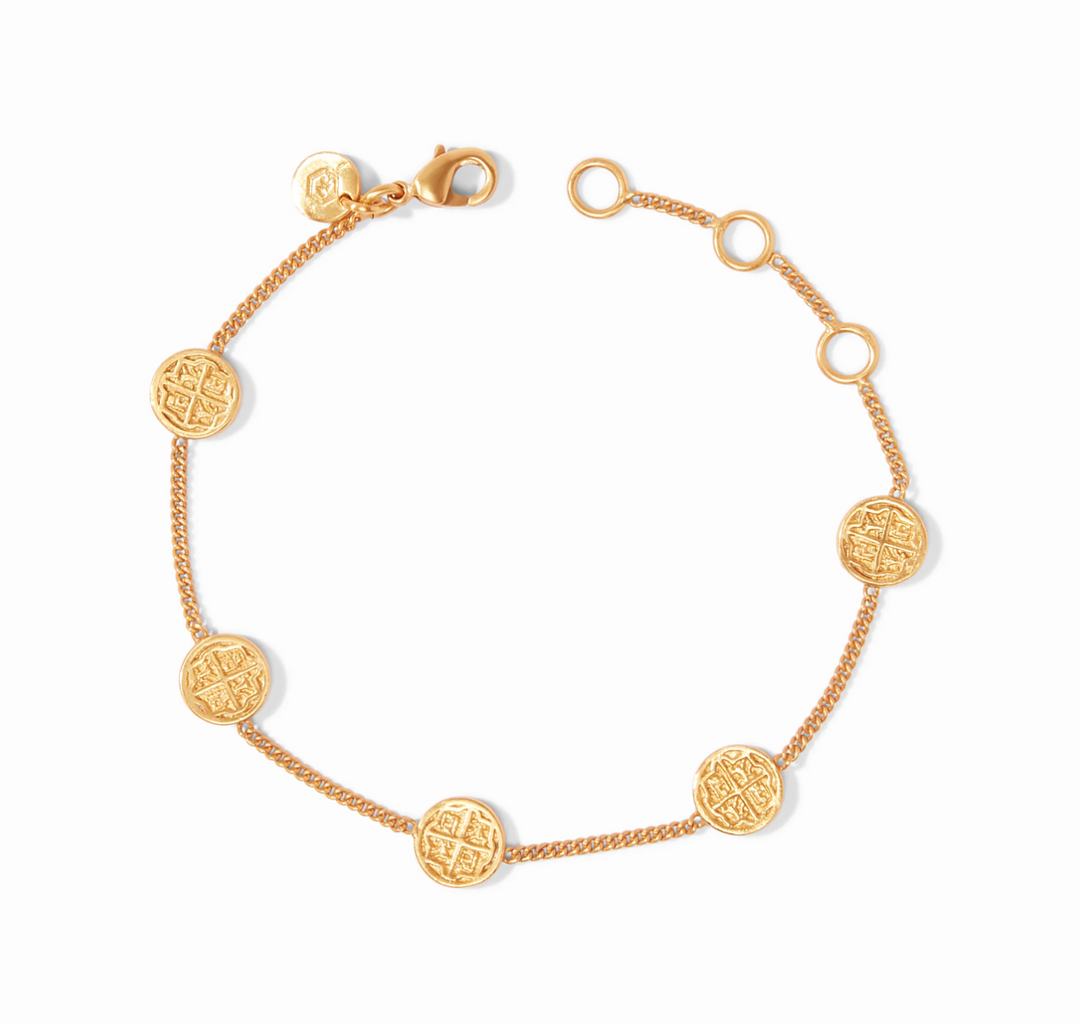 Julie Vos Valencia Delicate Bracelet, flat lay product view showing clasp, extender chain, and full medallion layout