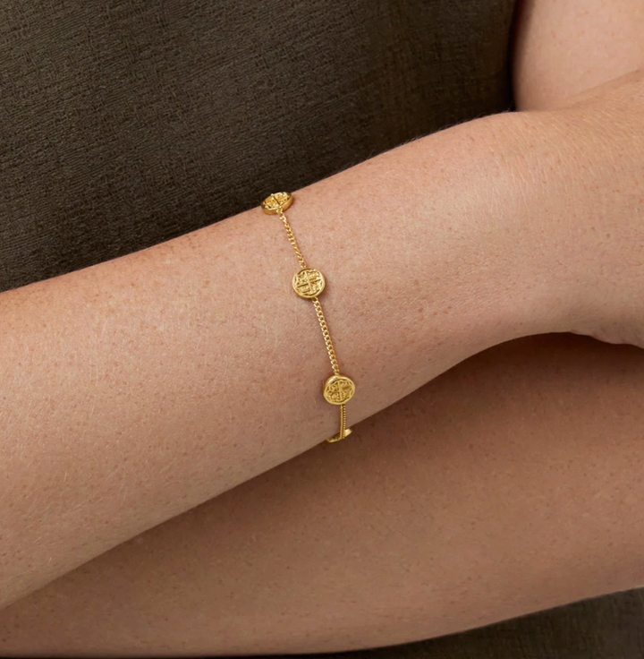 Julie Vos Valencia Delicate Bracelet, on-model wrist detail showing coin medallion stations