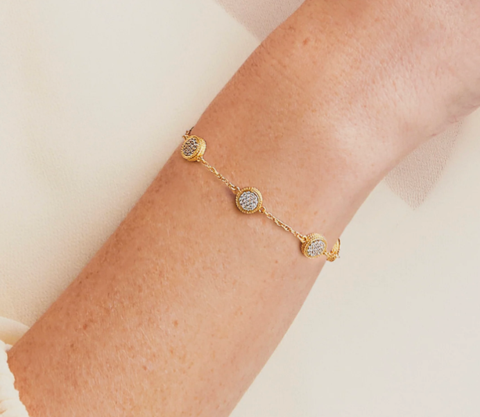 Julie Vos Windsor Delicate Bracelet, on-model wrist detail showing pavé stations