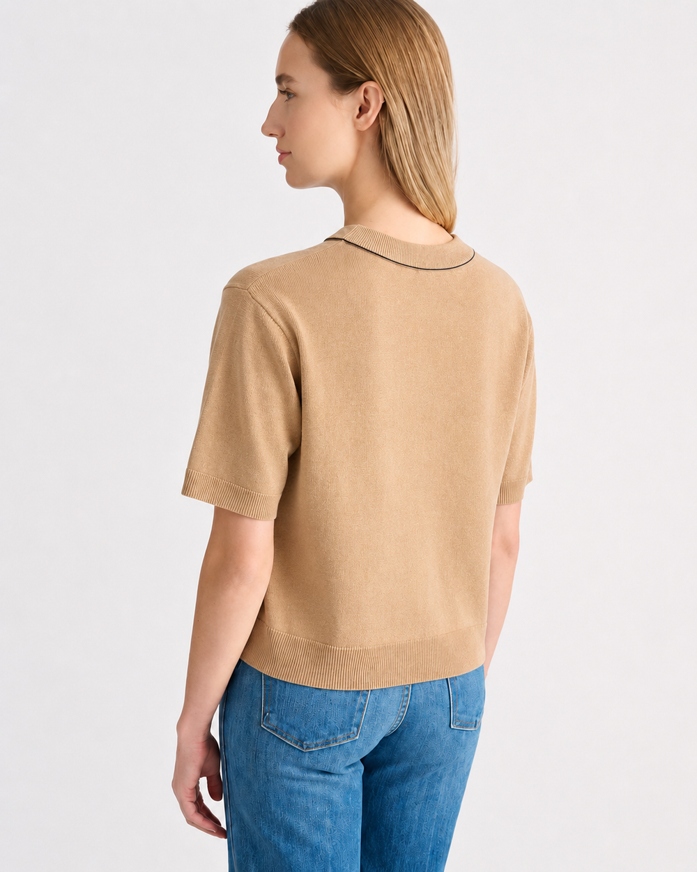 Kinross Tipped Short Sleeve Crew Sweater in Scotch, back view, showing ribbed crewneck, set-in sleeve, and ribbed hem.
