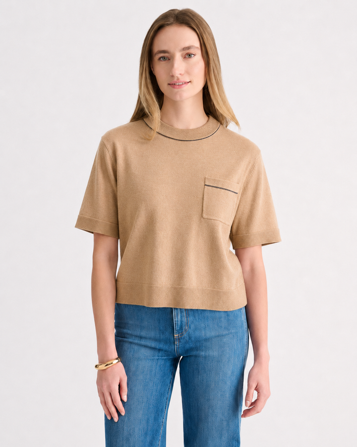 Kinross Tipped Short Sleeve Crew Sweater in Scotch, front view, model wearing camel-toned crewneck sweater with contrast tipping and wide-leg denim.