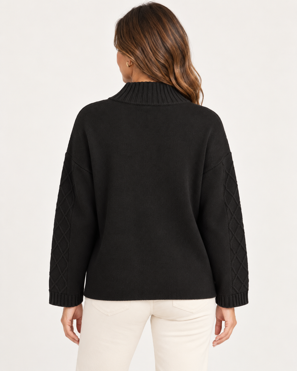 Elliott Lauren Knit Zip Up Sweater Jacket in Black, back view on model, showing the ribbed stand collar, dropped shoulders, diamond cable sleeve panels, and ribbed cuffs