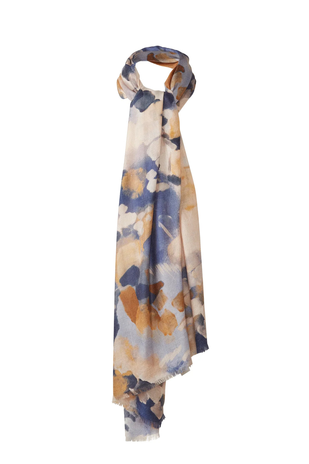 Abstract print scarf in navy, gold, and cream draped and photographed against a white background.