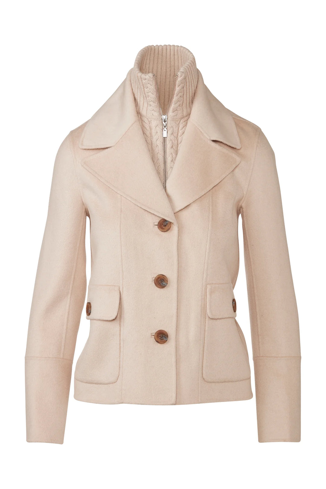 Flat lay of a sandstone wool-cashmere coat with notch collar, cable knit inset, and patch pockets.