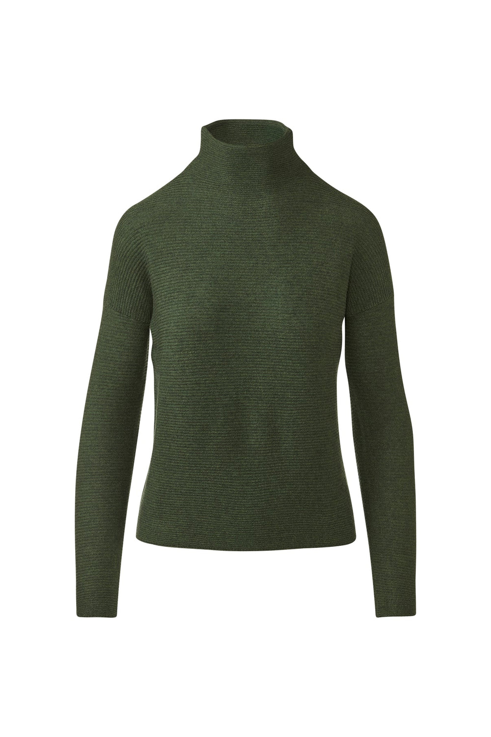 Flat lay of a highland green textured rib cashmere sweater with a mock funnel neckline.