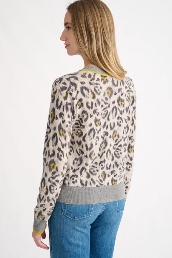 Back view of the agate leopard print cashmere cardigan with grey ribbed hem.
